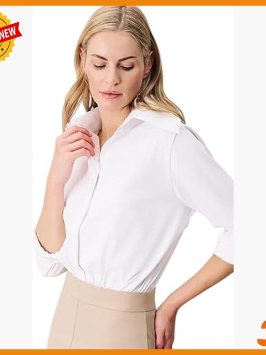 Tops - Long Sleeve Blouse Bodysuit with Collar and Snap Closure